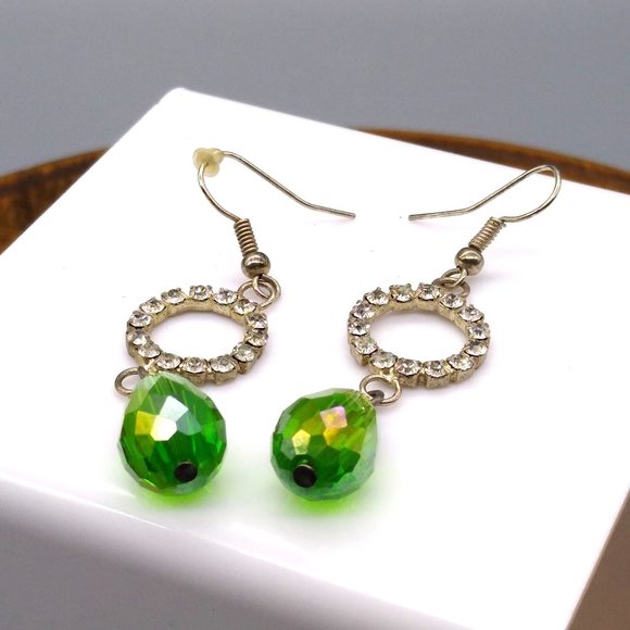 Green Teardrop Dangle Earrings, Vintage Clear Crystal Ring and Bright Faceted AB - Picture 4 of 4